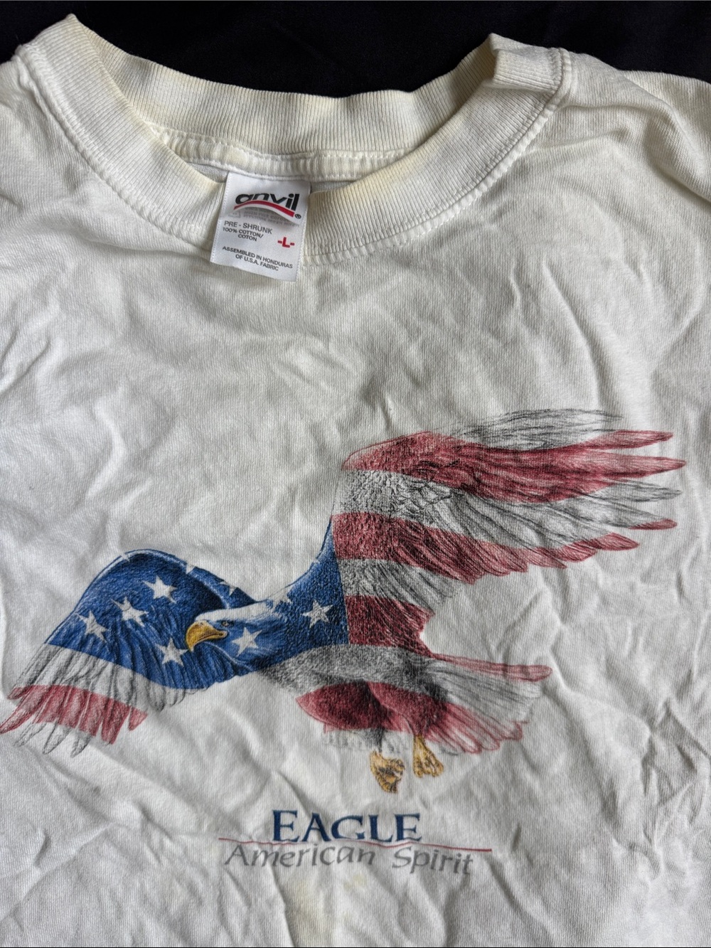 90s Anvil White Tee with Red & Blue Eagle Graphic